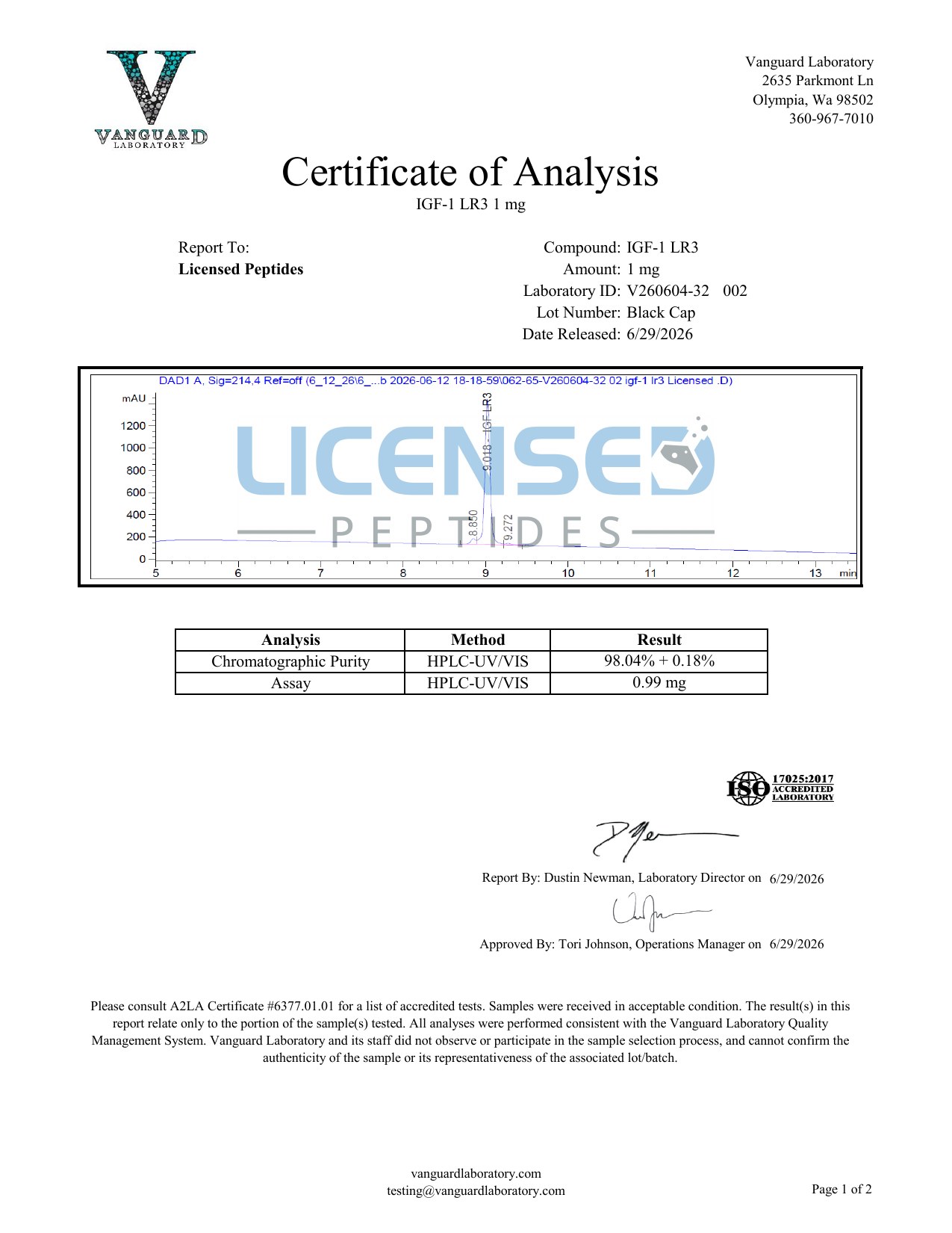 V260604-32 HPLC-UV/VIS report — IGF-1 LR3 1mg