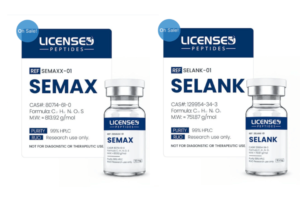 Semax vs Selank comparison image featuring Licensed Peptides packaging, molecular information, and 99% HPLC purity labels.