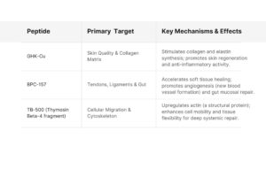 Glow Stack peptide components GHK-Cu, BPC-157, and TB-500.