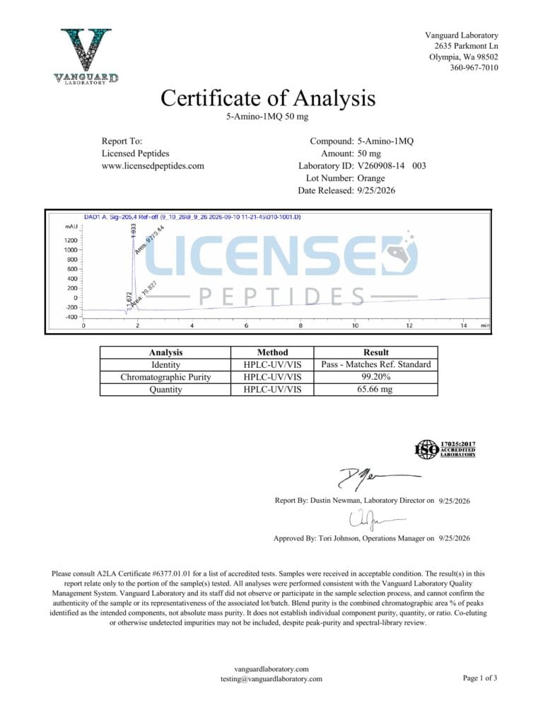 5 Amino 1MQ 50mg V260908 14 Licensed Peptides Report 003 1