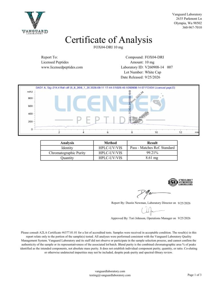FOXO4 DRI 10mg V260908 14 Licensed Peptides Report 007 1