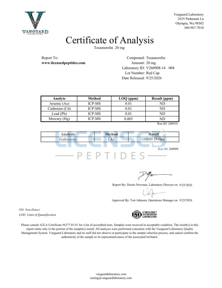 Tesamorelin 20mg V260908 14 Licensed Peptides Report 004 2