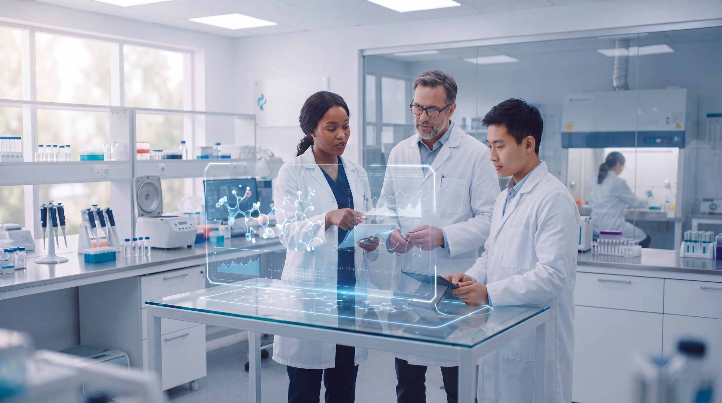 Researchers reviewing peptide data in a laboratory