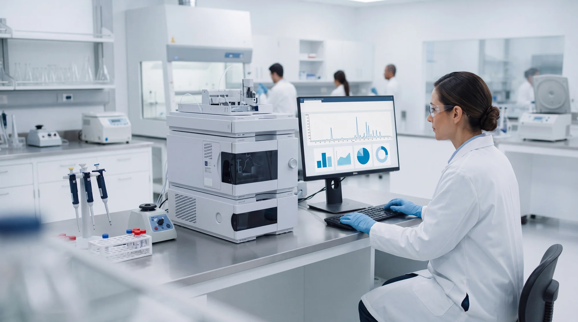 A Licensed Peptides analyst reviewing HPLC chromatography data at a laboratory workstation.